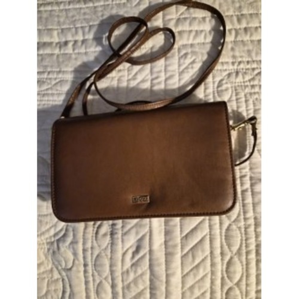 Buxton Brown Leather Crossbody Wallet Organizer Bag with Mirror Snap Closure